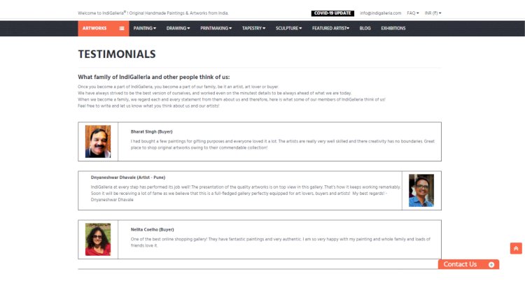 Testimonials for Ecommerce site of IndiGalleria